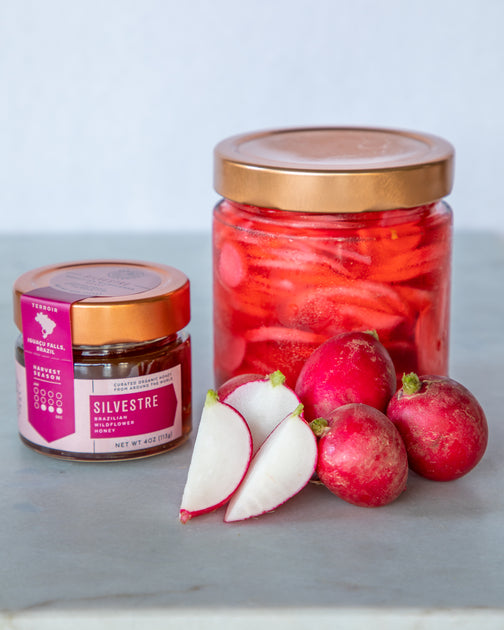 Red Pickled Honey Onions and Radish Bee Seasonal